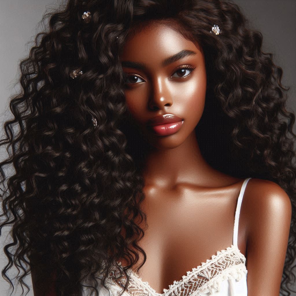 A young woman with voluminous curly black hair adorned with decorative hair accessories
