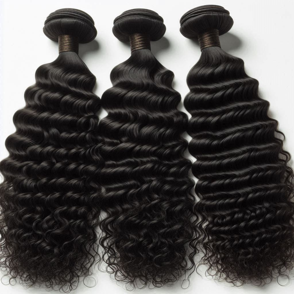 Three bundles of deep-wave black hair extensions neatly arranged on a white background
