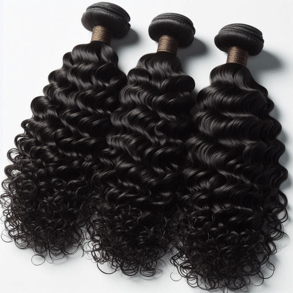Three bundles of deep curly black hair extensions arranged diagonally on a white background