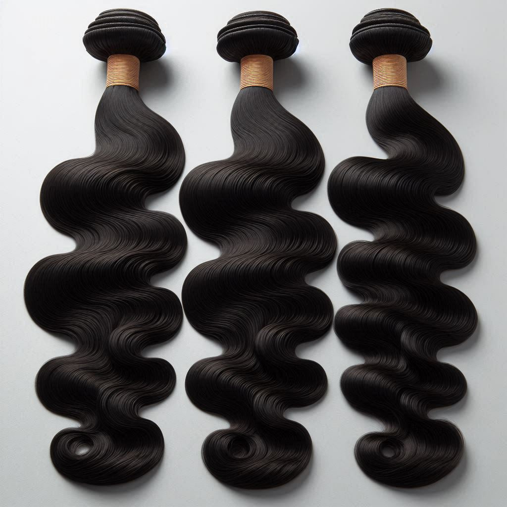 Three bundles of sleek, black body wave hair extensions neatly arranged on a white background.