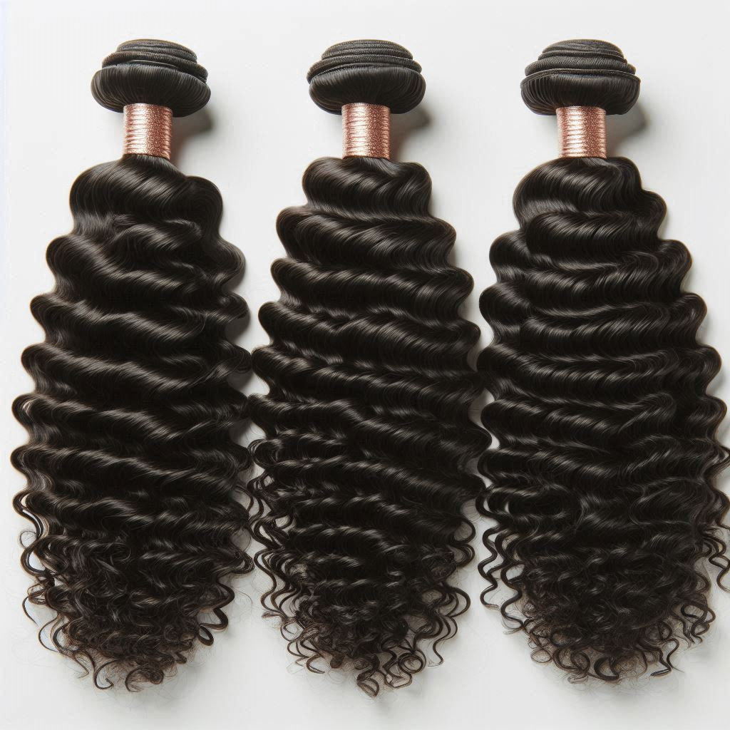 Three bundles of curly black hair extensions neatly arranged on a white background