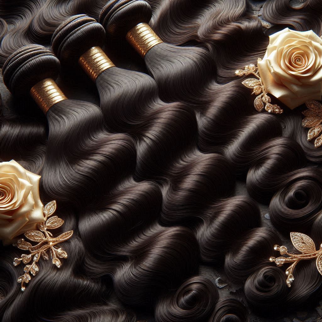 Three bundles of black body wave hair extensions with gold wrapping, elegantly arranged with beige roses and gold decorative accessories.